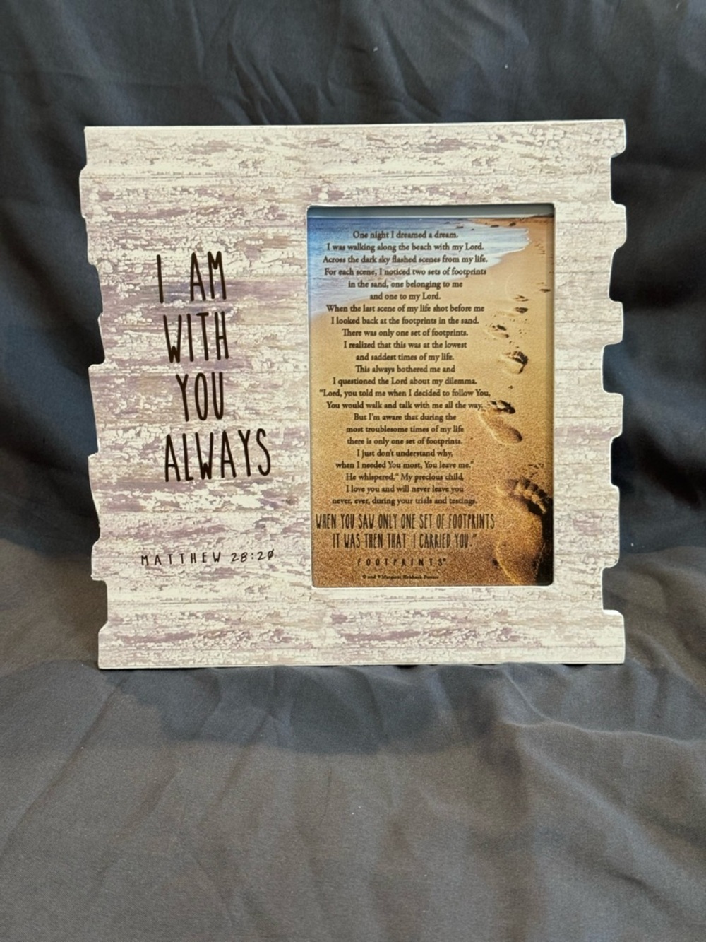 I Am With You Always Footprints in the Sand.  Rustic White Frame